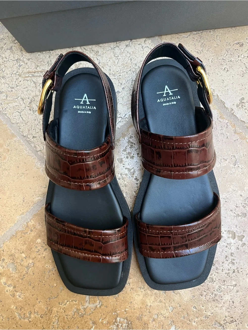 Aquatalia Brown Croc-Embossed Leather Double-Strap Men’s Sandals - Picture 1 of 7